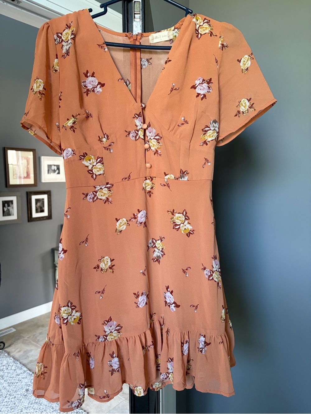 Altar'd State Rust Floral V-Neck Ruffle Mini Dress